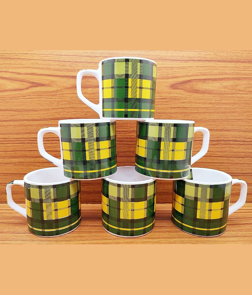 Laghima jadon Green Yellow Check Checks Ceramic Tea Cup 200 ml ( Pack of 6 )