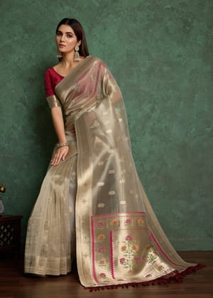 Silver Grey Woven Banarasi Tissue Saree With Meenakari Butas