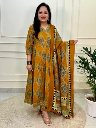 Zena Ajrakh Anarkali Suit set- Mustard Colour-M