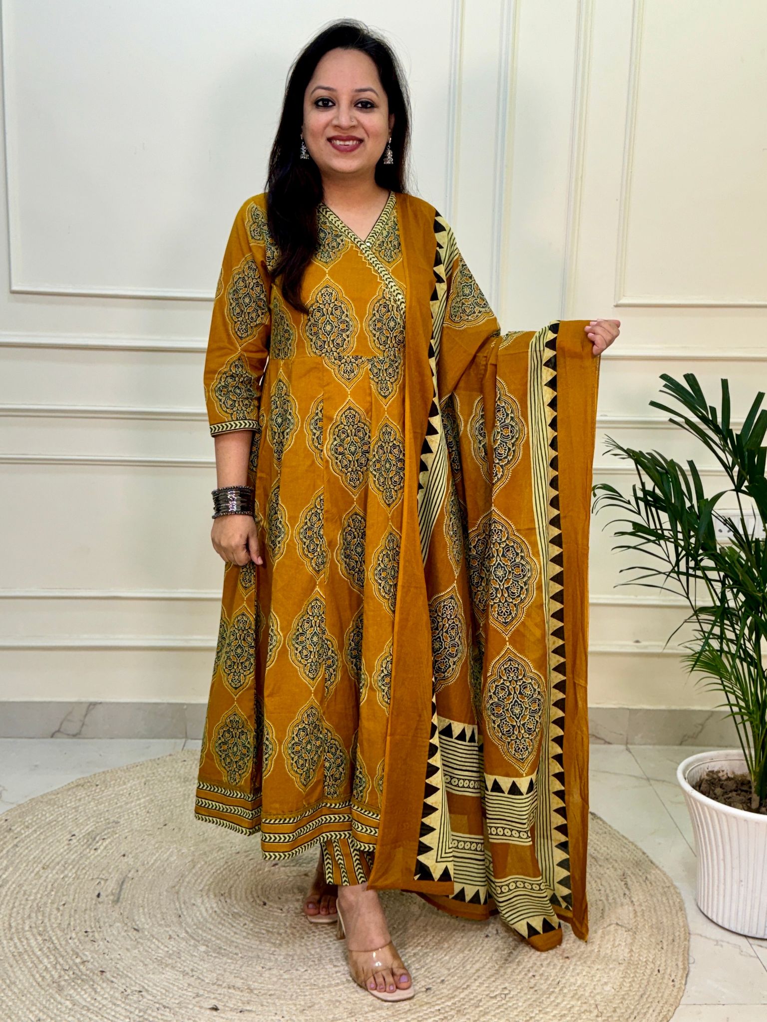 Zena Ajrakh Anarkali Suit set- Mustard Colour-M