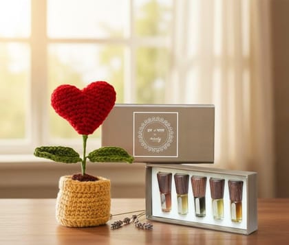 Heart Crochet Pot with Ittar Box Gift Set, Weddings, Parties Gift, Handcrafted Home Décor and Fragrance Combo for Valentine's Day, Anniversary and Special Occasions
