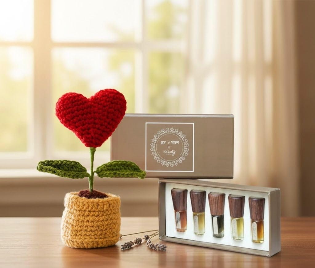 Heart Crochet Pot with Ittar Box Gift Set, Weddings, Parties Gift, Handcrafted Home Décor and Fragrance Combo for Valentine's Day, Anniversary and Special Occasions