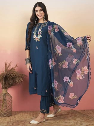 Beautiful Viscose Chanderi Embroidered Straight Kurta with pant and dupatta sets-S