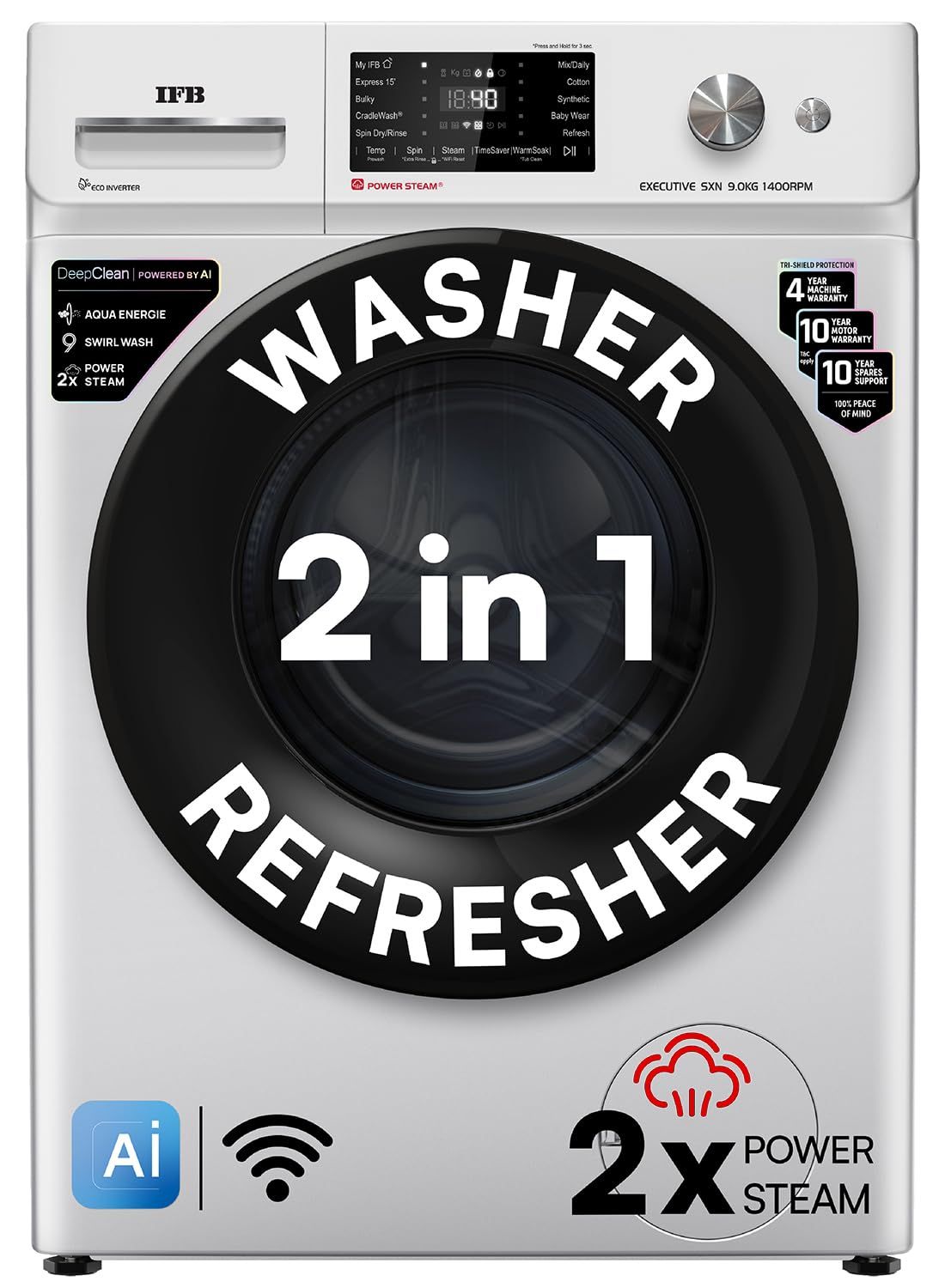 IFB 9 Kg 5 Star, DeepClean Tech, AI Powered, WiFi, Fully Automatic Front Load Washing Machine (EXECUTIVE SXN 9014K CMS, PowerSteam, 9 Swirl, Steam Refresh, Inbuilt Heater, Eco Inverter, Rich Silver) IFB 9 Kg 5 Star, DeepClean Tech, AI Powered, WiFi, Full