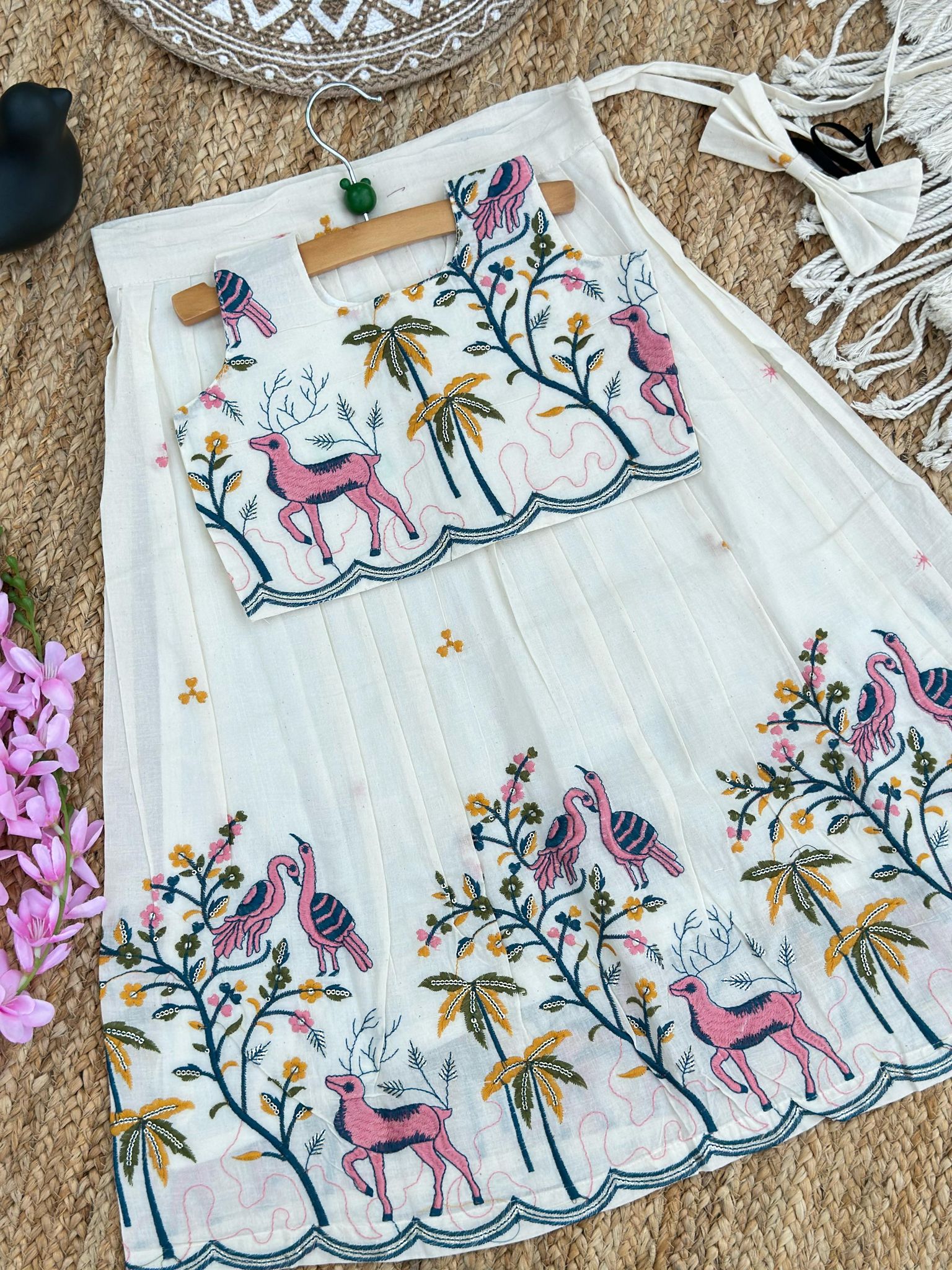 Scarlet Hot & Trending Cotton Fabric work Lahenga Choli-Beige / 0-6 Month