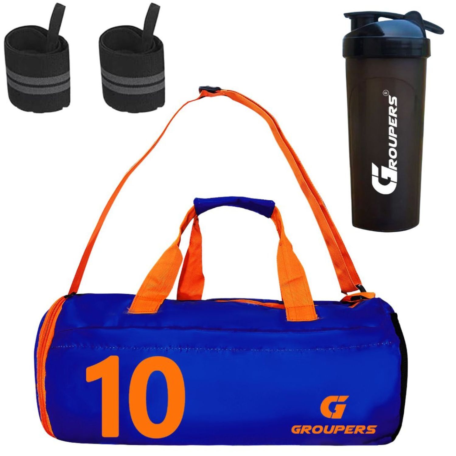 GROUPERS Combo Set of Duffle Polyester Bag with Shaker Bottle-700ml & Wrist Band (Blue 10)