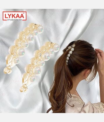 Lykaa Stylish White Pearl Banana Clips Ponytail Holder Hair Clutchers For Women & Girls - 2 Pcs
