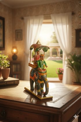 Icrafts Handmade Wooden Ambari Elephant – Traditional Hand-Painted Decorative Figurine (L: 17.78 cm × B: 17.78 cm × H: 15.24 cm, Weight: 425 g)