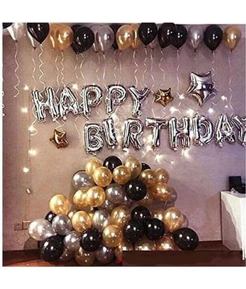 Buzz Happy Birthday Silver Foil Balloon+ 30 Metallic Balloons (Black, Gold and Silver)