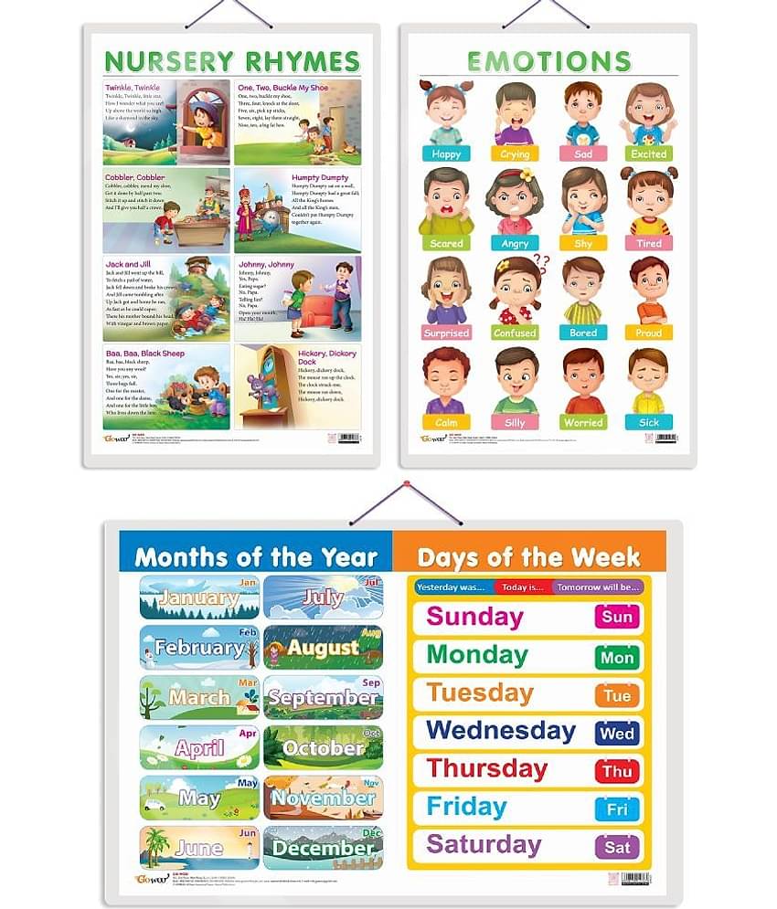 Set of 3 MONTHS OF THE YEAR AND DAYS OF THE WEEK, EMOTIONS and NURSERY RHYMES Early Learning Educational Charts for Kids | 20"X30" inch |Non-Tearable and Waterproof | Double Sided Laminated | Perfect for Homeschooling, Kindergarten and Nursery Students