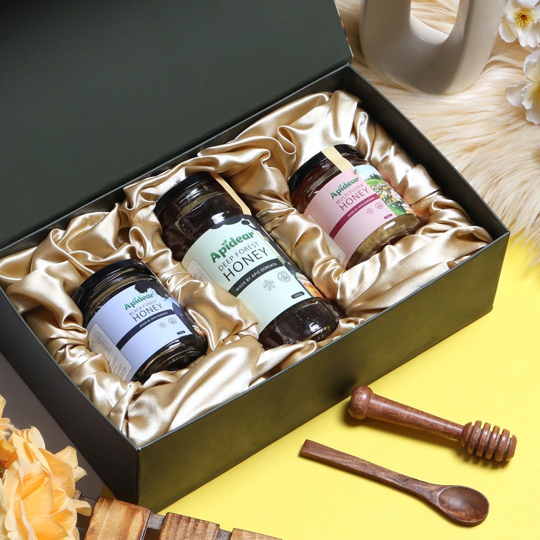 Apidear Signature Trio Honey Gift Box – Eco-Friendly Artisanal Collection.