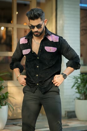 Black-Purple Double Pocket Cotrise Designer Shirt Black-Purple Double Pocket Cotrise Designer Shirt