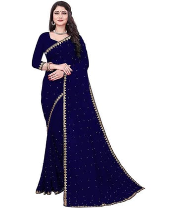 Vkaran Lycra Solid Regular Saree With Unstitched Blouse Piece ( Blue )