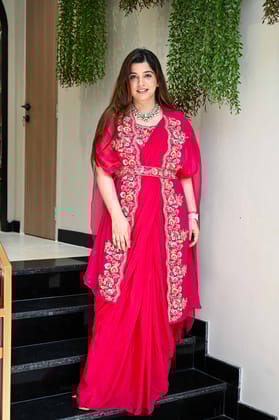 Keerna Pink Anarkali With Attached Dupatta And Cape-M-L