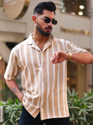 Terry Vertical Stripes Beige Half Sleeve Shirt-S