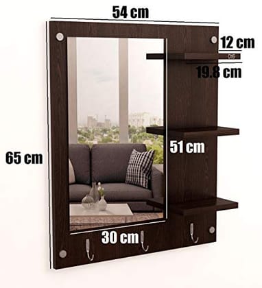 DAS Wall Mount Makeup Vanity Dresser Dressing Mirror/Glass/Table and Multipurpose Rack Shelves with Elegant Double Stainless Steel Hooks (Wenge)- Evelyn