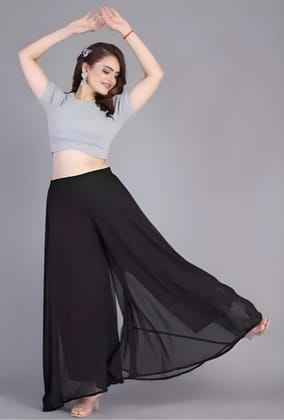Generic Women's Georgette Solid High-Rise Wide Leg Flared Palazzo Pants with Elastic Waist, Ankle Length Trousers for Daily, Office and Casual Wear (Black, S, Pack of 1, Design 67536)