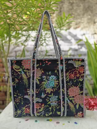 Handblock Printed Quilted Tote Bag with concealed zip ( 17x18x 6 inches)