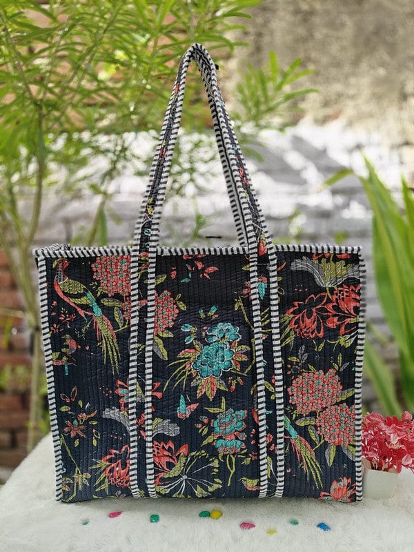 Handblock Printed Quilted Tote Bag with concealed zip ( 17x18x 6 inches)