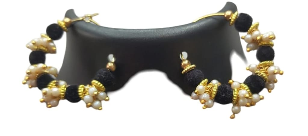 Black Velvet Pearl Hoop Earrings - Traditional Indian Jewelry