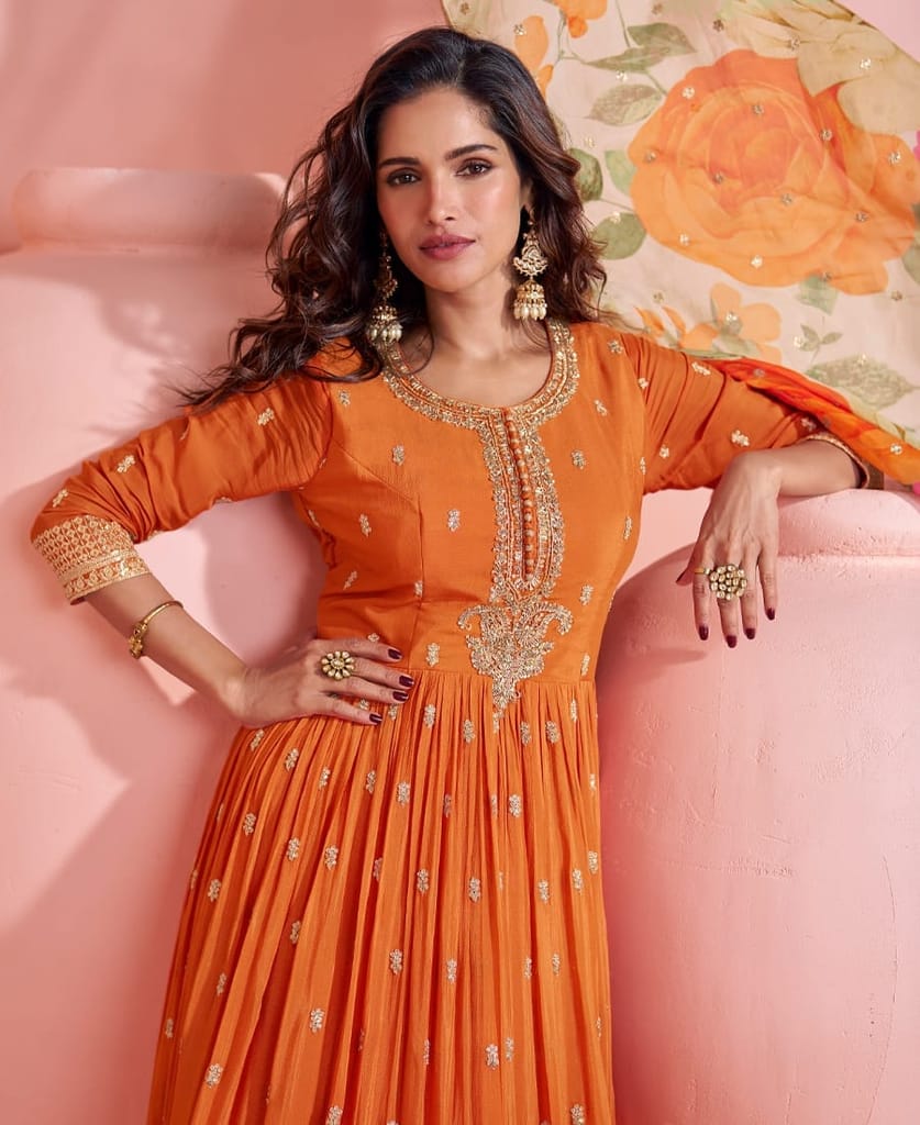 summer special orange chinon anarkali set for women