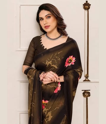TTH Georgette Printed Saree With Unstitched Blouse Piece ( Brown )
