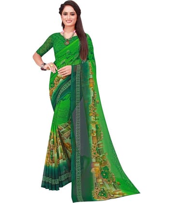 Saadhvi Georgette Printed Saree With Unstitched Blouse Piece ( Green )