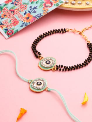 NVR Set of 2 Green Round Shape Artificial Stones Bhaiya Bhabhi Rakhi with Roli Chawal Chandan & Mishri-One Size / Green