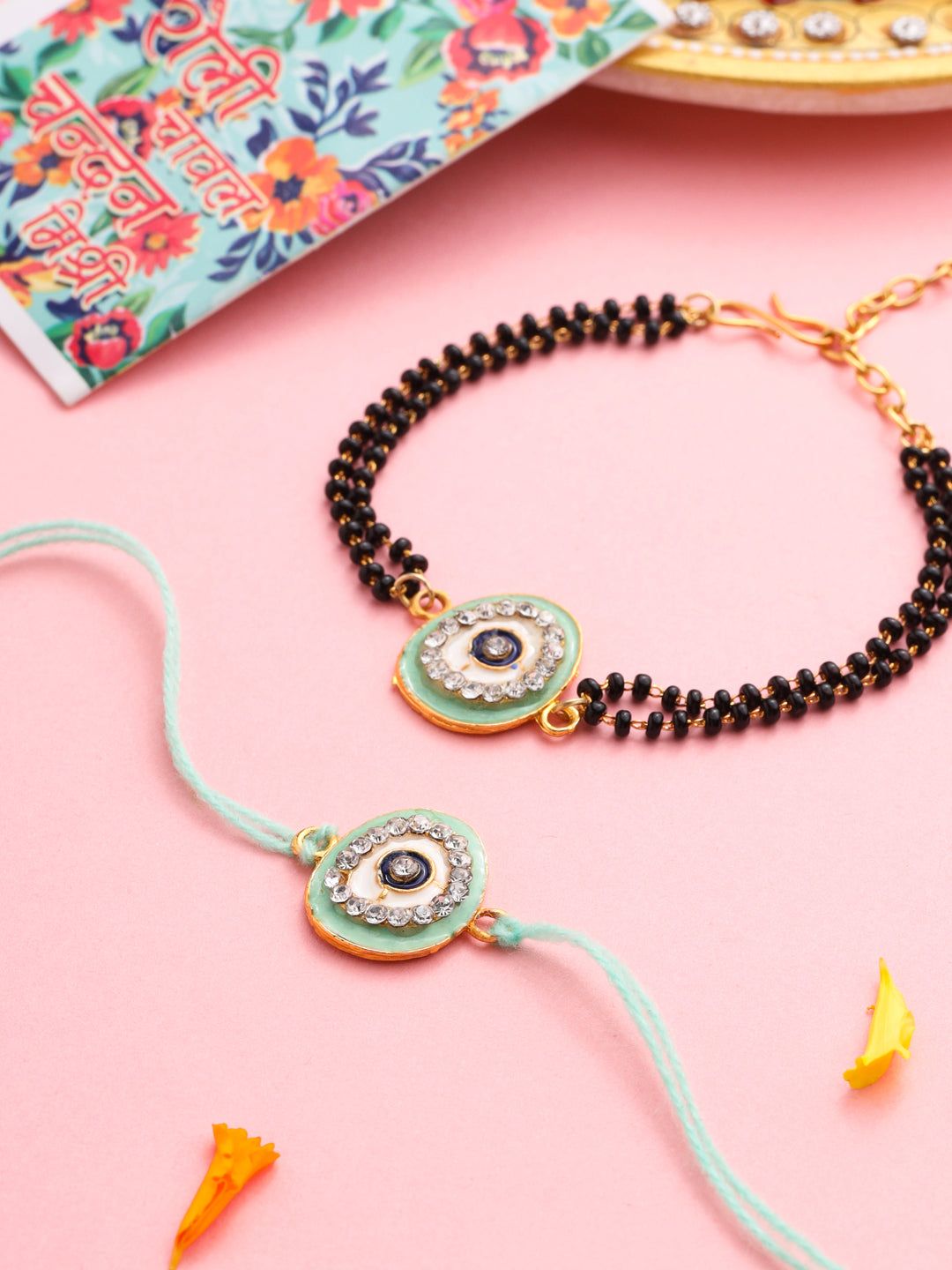 NVR Set of 2 Green Round Shape Artificial Stones Bhaiya Bhabhi Rakhi with Roli Chawal Chandan & Mishri-One Size / Green