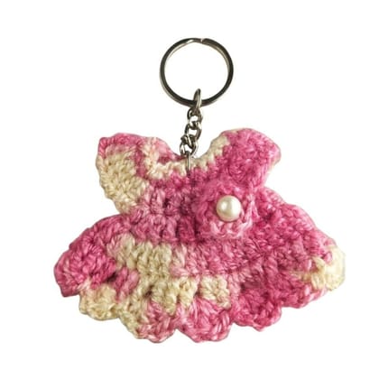 Handmade Crochet Pink Dress Keychain with Pearl Accent