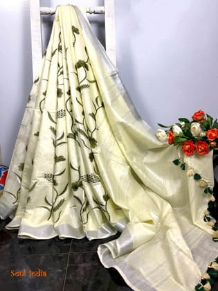 Cream Linen Saree With Embroidery & Silver Zari Border