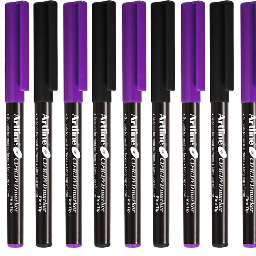 Artline CDR/DVD Marker Black Pack of 10 X 3 Packs, Purple Pack of 10 X 2 Packs (50 DVD's Markers) | On Multiple Surface: Metal, Plastic/OHP, Glass/Porcelain & Carton