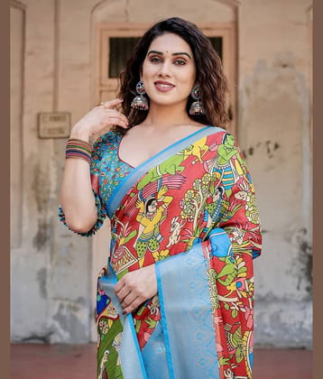Almaari Fashion Cotton Silk Printed Saree With Unstitched Blouse Piece ( Red )