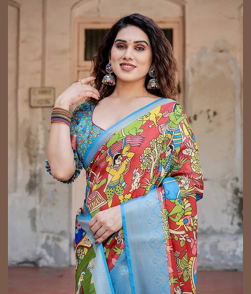 Almaari Fashion Cotton Silk Printed Saree With Unstitched Blouse Piece ( Red )