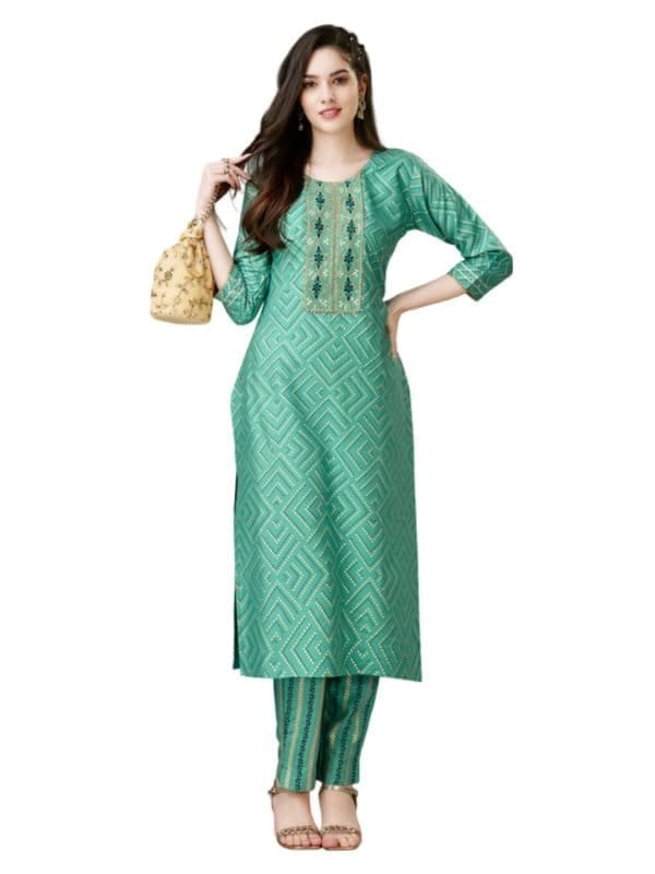 Women's Casual 3-4 th Sleeve Embroidery Rayon Kurti Pant Set (Green, M)-PID50260