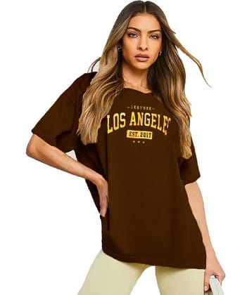 Leotude Women Cotton Blend Printed Oversized Fit Round Neck T-Shirt ( Brown )