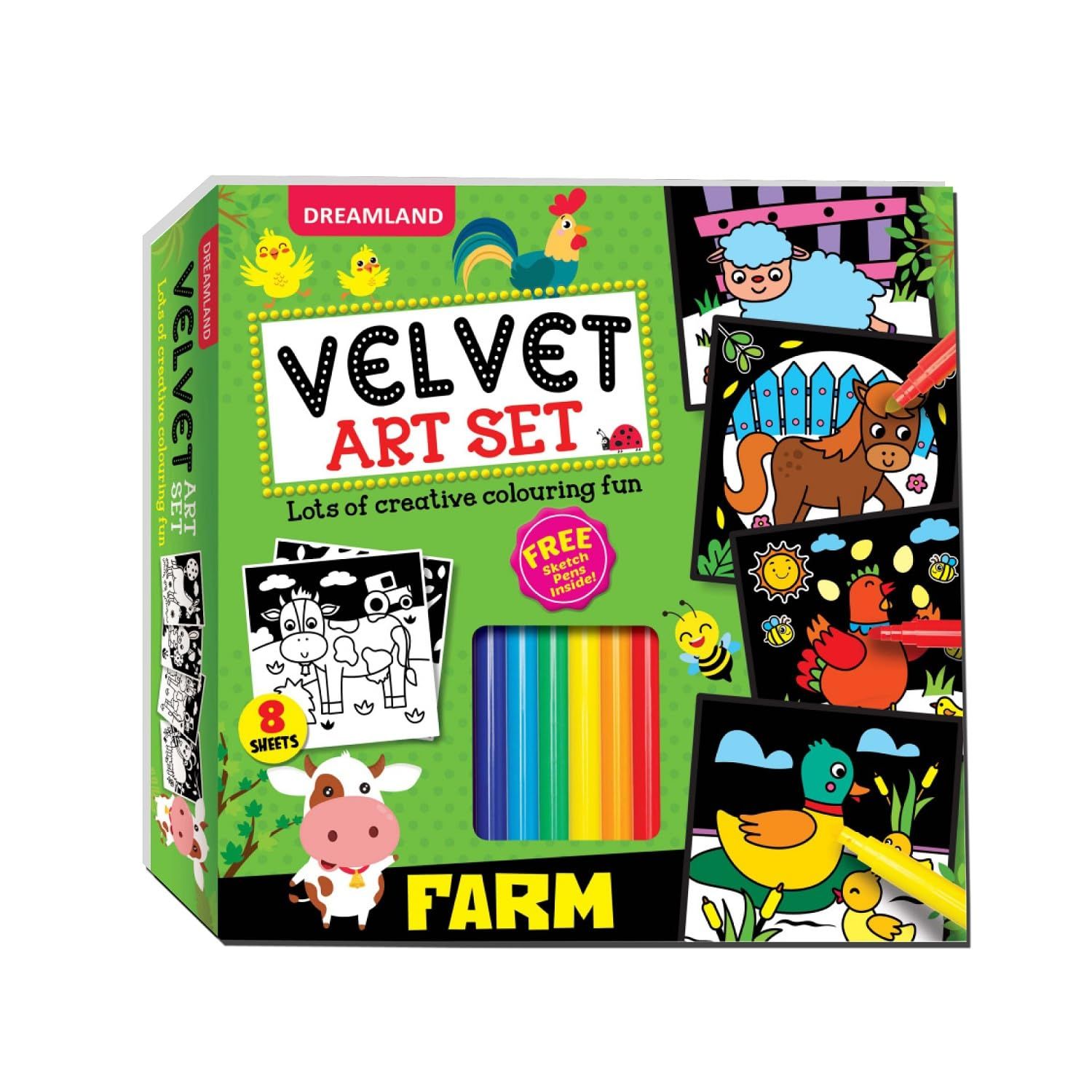 Farm - Velvet Art Set with 10 Free Sketch Pens : Children Colouring Activity Pack Box Set