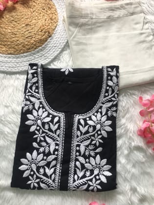 Black -  Sunflower Embroidery Design Kurti with Pant - Cord Set-38 - M