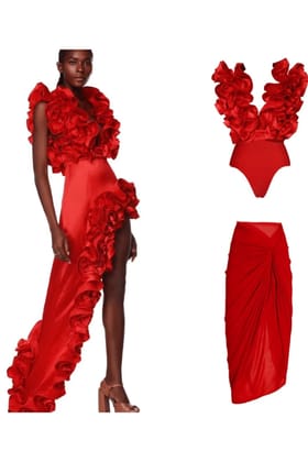 Red Frill Swimsuit With Skirt-S-M