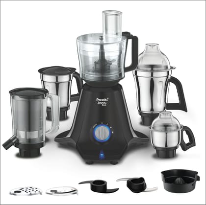 Preethi Zodiac Black 750 Watts Mixer Grinder, 5 Jars (1 Food Processor Jar, 3 Stainless Steel Jars, Juicer Jar, Citrus), Atta Kneading, Powerful Grinding, 2 Year Warranty, Lifelong Free Service, Black Preethi Zodiac Black 750 Watts Mixer Grinder, 5 Jars 
