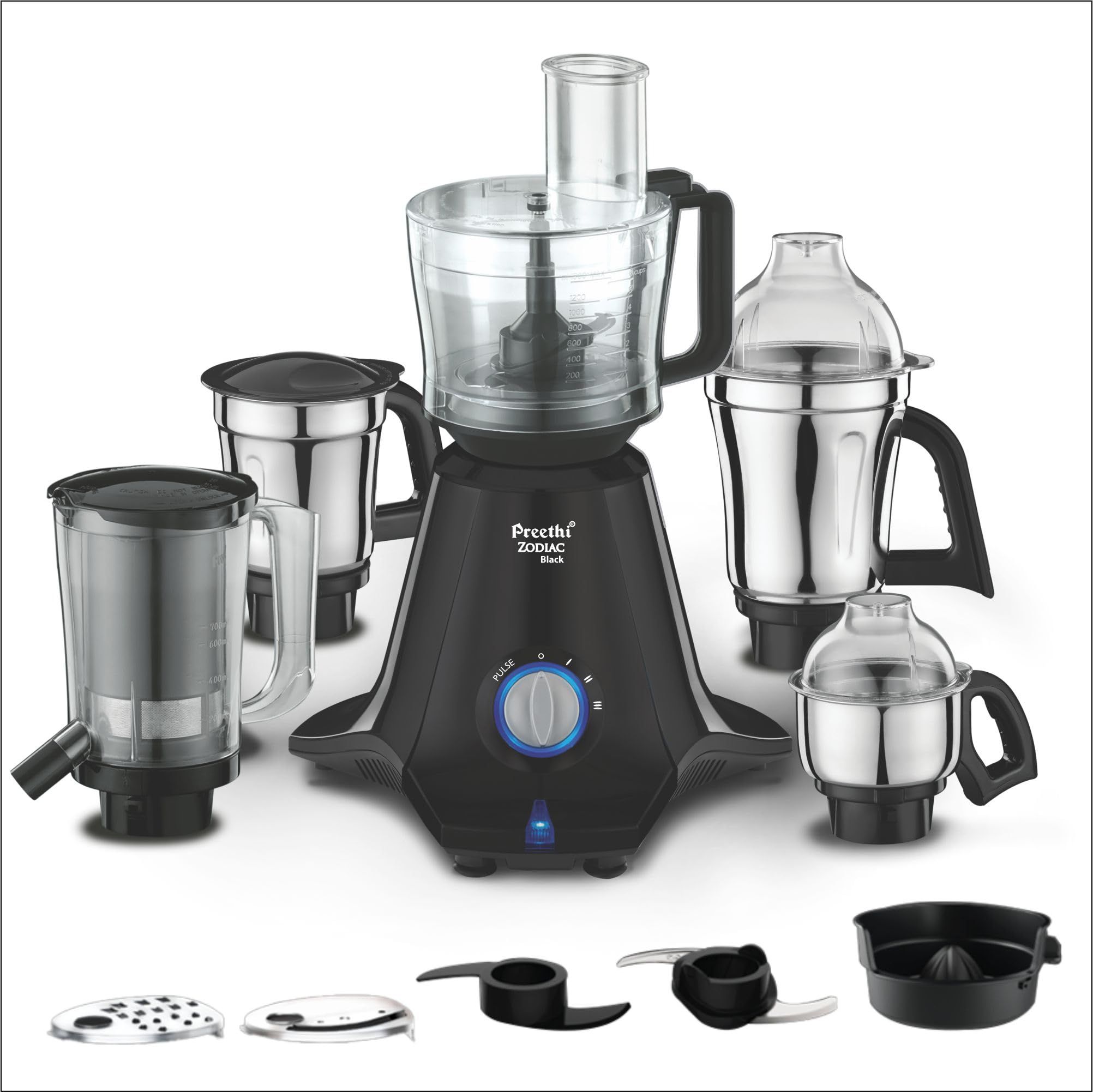 Preethi Zodiac Black 750 Watts Mixer Grinder, 5 Jars (1 Food Processor Jar, 3 Stainless Steel Jars, Juicer Jar, Citrus), Atta Kneading, Powerful Grinding, 2 Year Warranty, Lifelong Free Service, Black Preethi Zodiac Black 750 Watts Mixer Grinder, 5 Jars