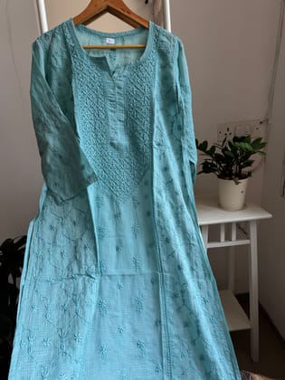 Kota Soft Cotton Chikankari Kurti - Turquoise-Turquoise / cotton / M