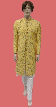 Mens Yellow Embroidered Printed Ethnic Wear indo Western Sherwani Suit-4904 / Yellow / 40