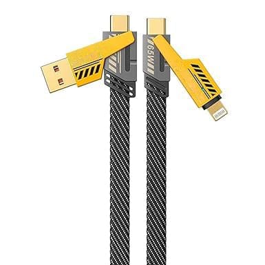 Digimate 4 in 1 Braided 1 Meter Cable | 65W Fast Charging Compatible for-iPhone & Android (Black, One Cable)