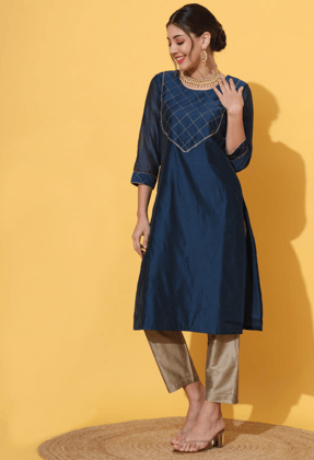 Peacock Embroidered Chanderi Kurta-S / Blue