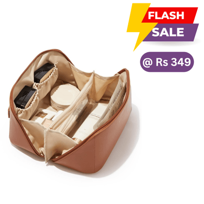 Womens Large Capacity Cosmetic Bag with Wide Opening, Dividers With Handle (Cross Open, Brown)-Brown+Pink (2pc)