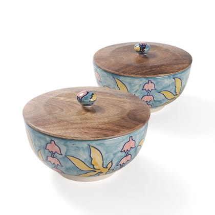 Handpainted Ceramic Serving Bowls with Lid 7.5" - Set of 2