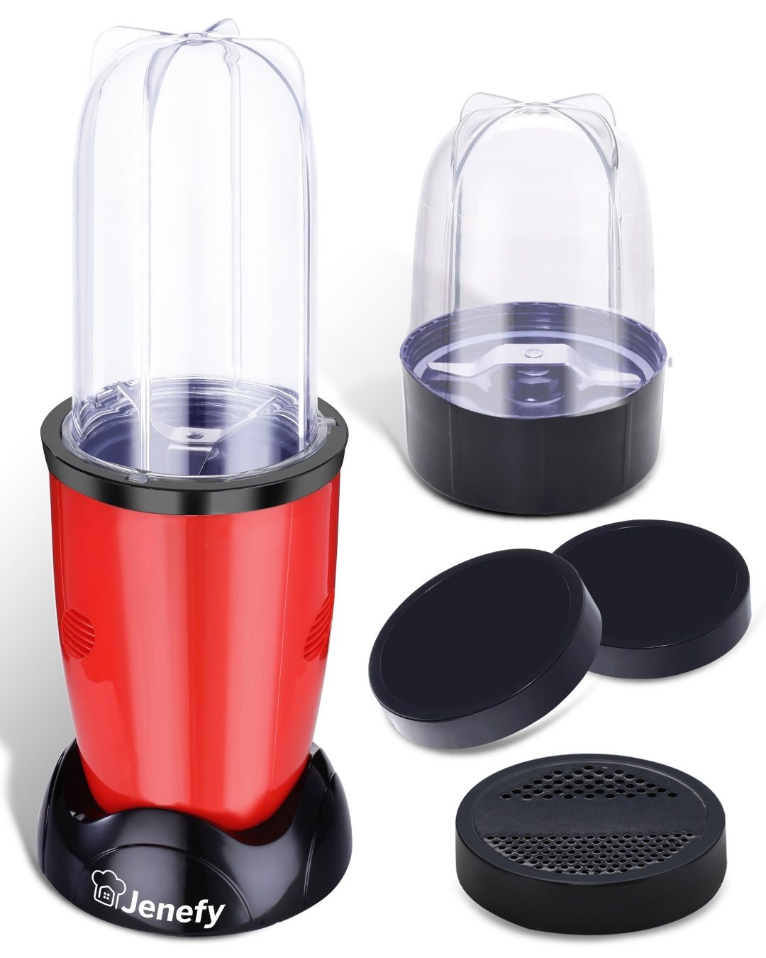 Jenefy Compact Bullet Mixer Grinder Blender 400W for Multi-Use - 2 Jars (500ml, 300ml) Red