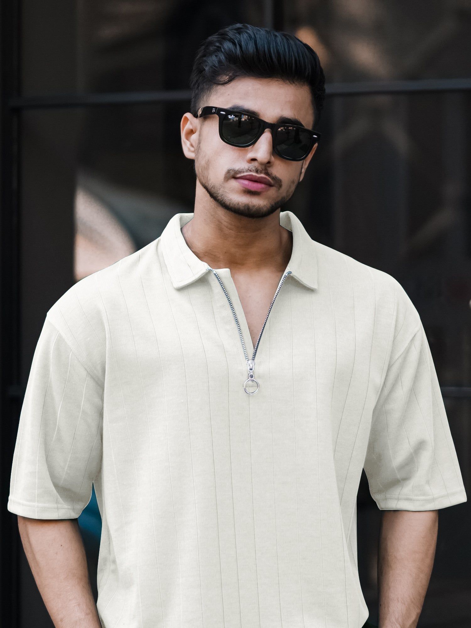 Brooklyn Half Zipper Cream Polo Half Sleeve T-Shirt-S