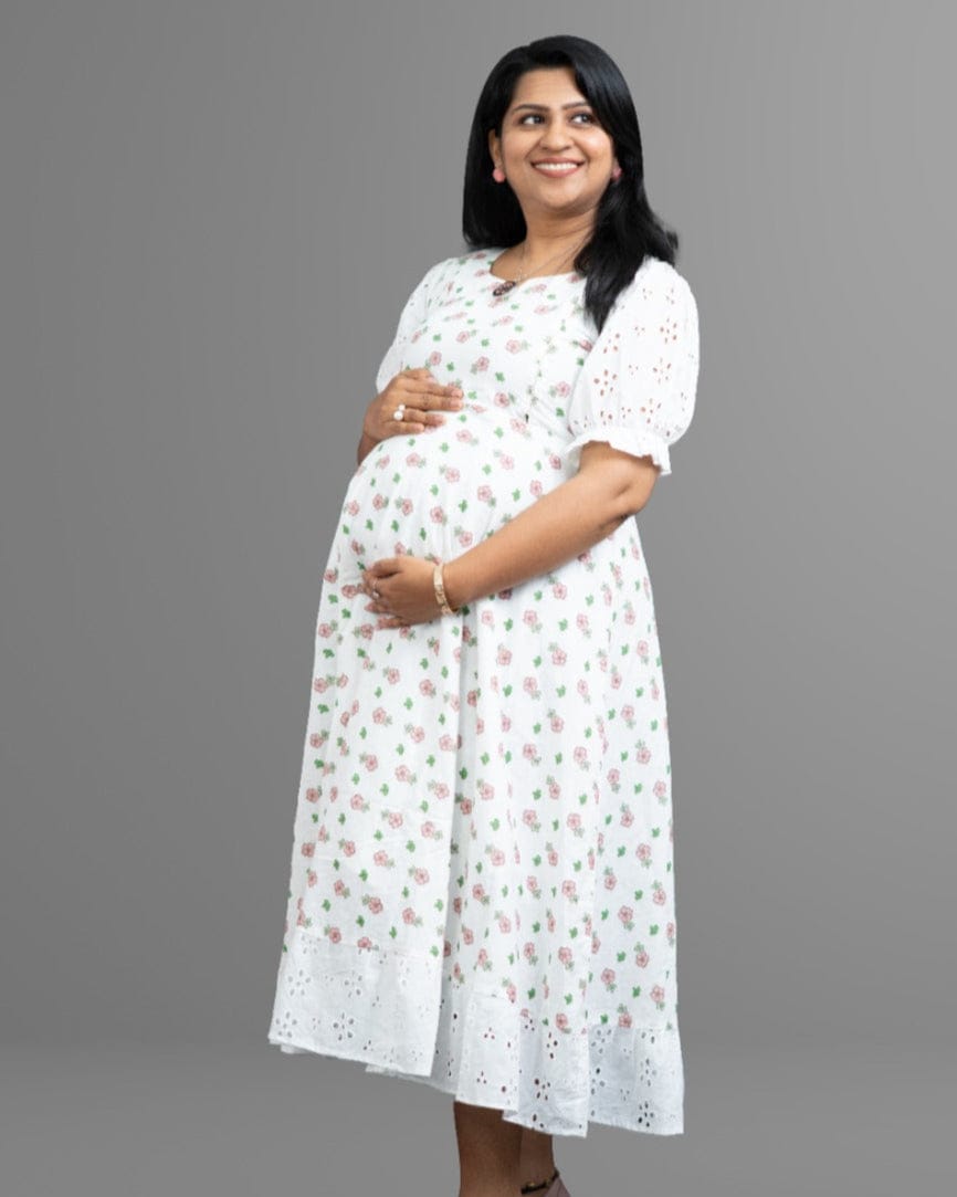 Hacoba patched butta cotton floral dress - Half Sleeve